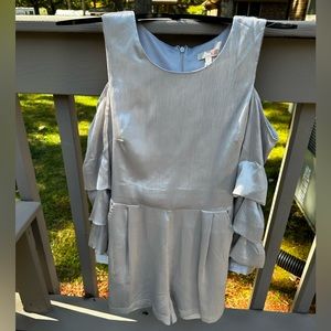 Silver, shoulder out, satin romper.